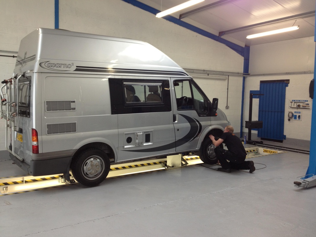 A motorhome on the MOT lane at Cawsey Motors